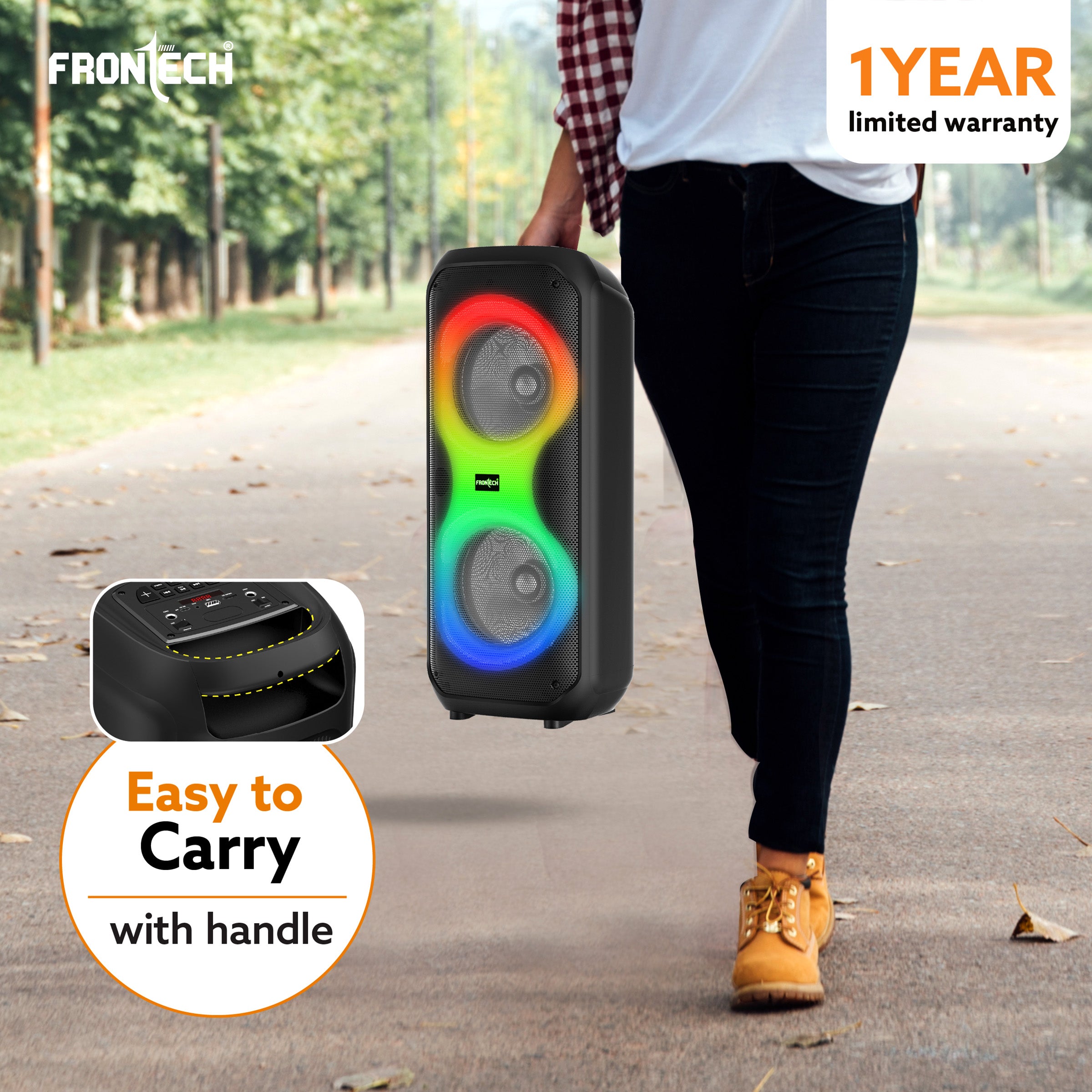 FRONTECH Smash Pro-21P 45W Portable Party Speaker | True Wireless Stereo | Karaoke Function with Wireless Mic | RGB LED Disco Lighting | Bluetooth 5.0 | FM Radio | USB, TF, AUX | Type-C Charging Port (SW-0021P) FRONTECH Smash Pro-21P 45W Portable Party Speaker | True Wireless Stereo | Karaoke Function with Wireless Mic | RGB LED Disco Lighting | Bluetooth 5.0 | FM Radio | USB, TF, AUX | Type-C Charging Port (SW-0021P)